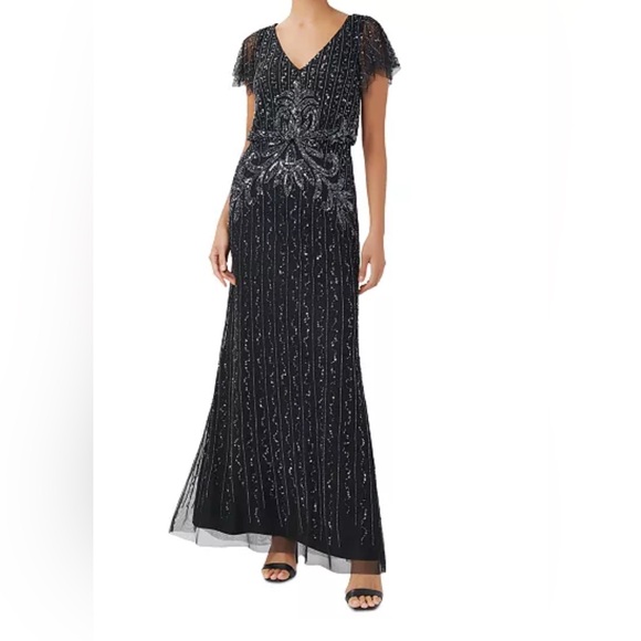 Adrianna Papell Size 6 beaded flutter sleeve Elegant navy blue Evening Gown - Picture 1 of 10